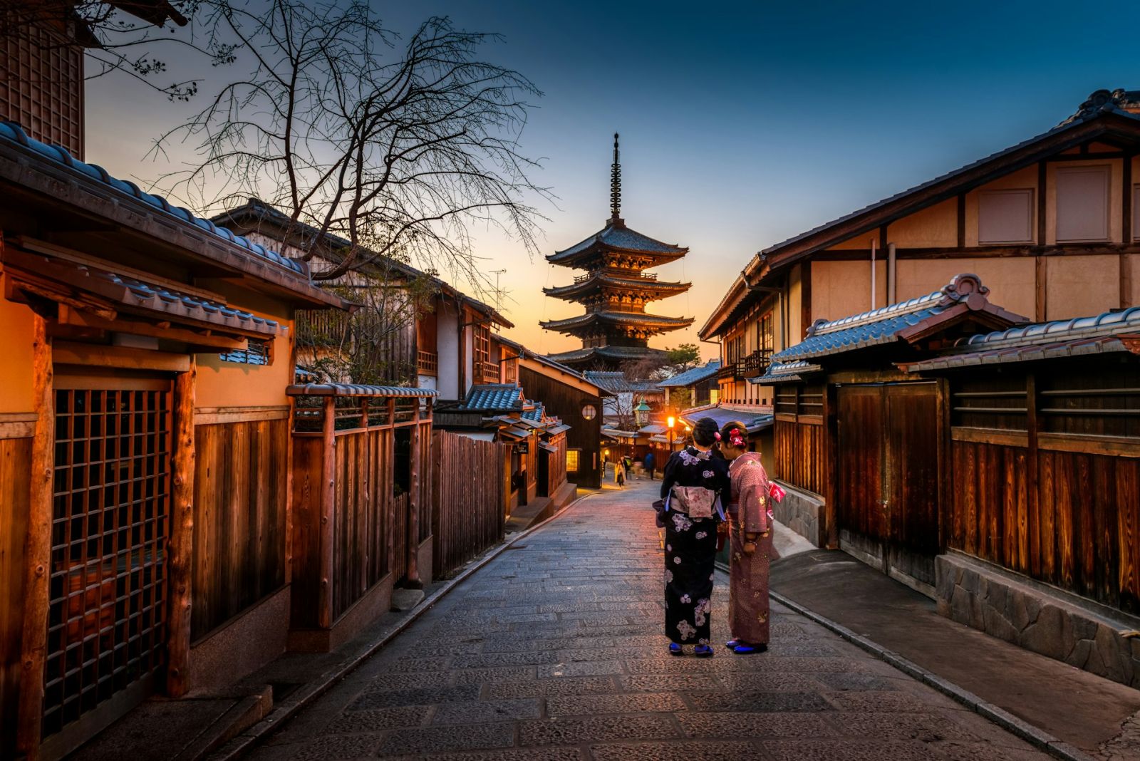着物姿の人と京都の街並み